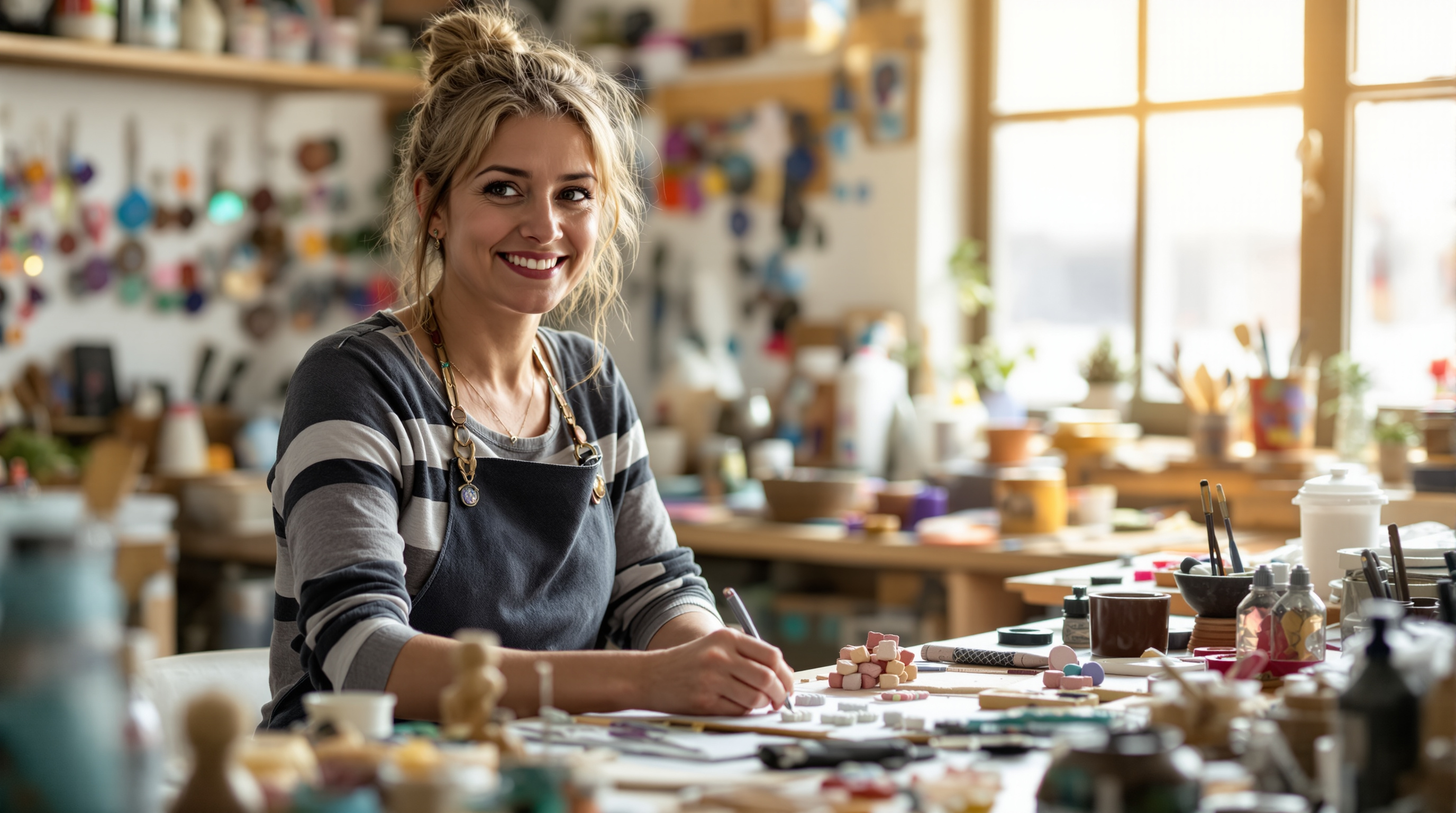 Elise Winters in her polymer clay jewelry studio